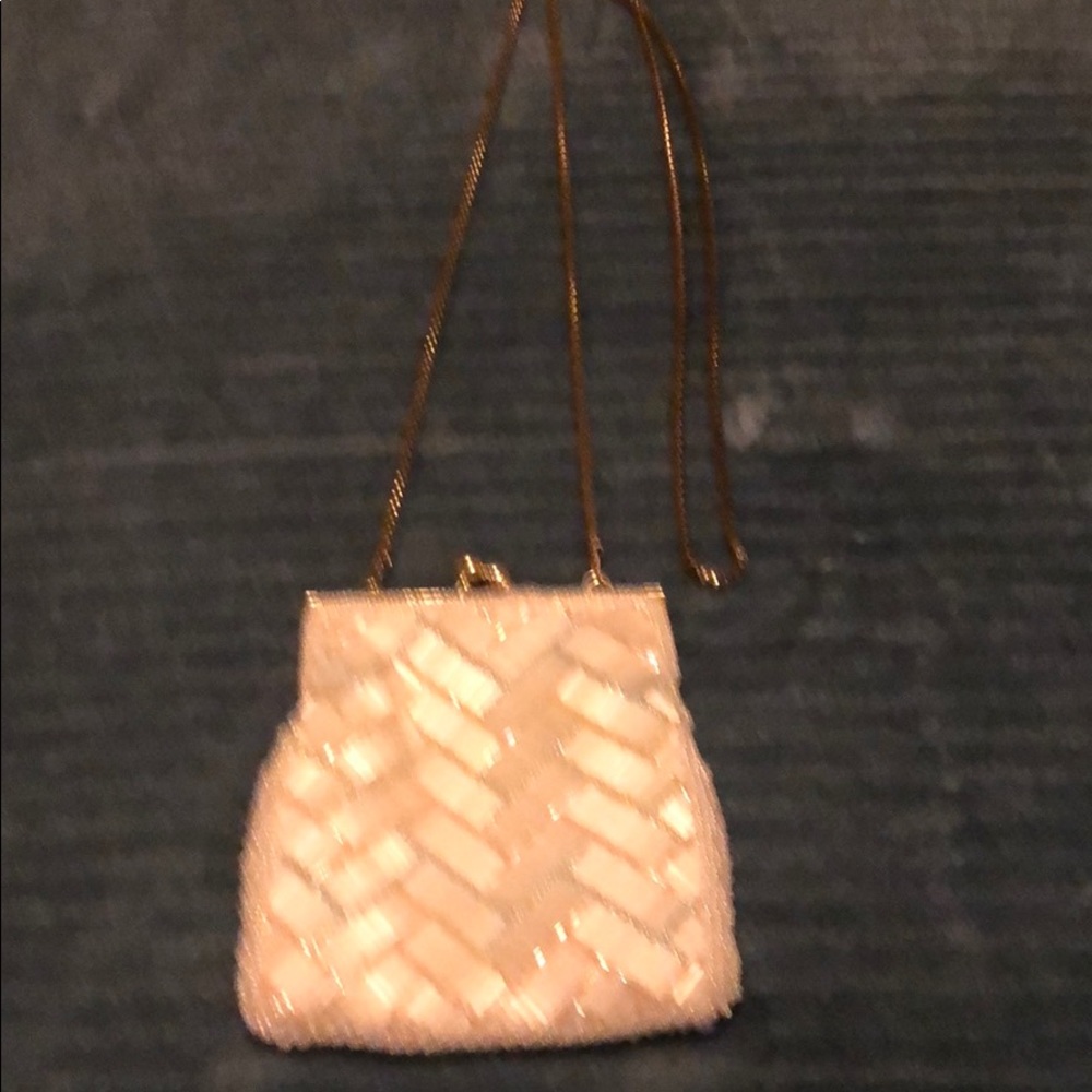 Off white, pink, yellow, blue beaded evening bag